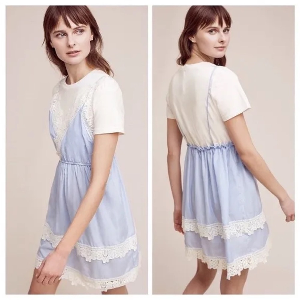 Anthropologie Blue and White Lace-Trim Slip Dress - Picture 3 of 5